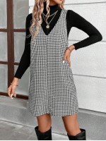  Autumn Casual Street Style Black And White Houndstooth Suspender Dress For Women