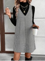  Autumn Casual Street Style Black And White Houndstooth Suspender Dress For Women