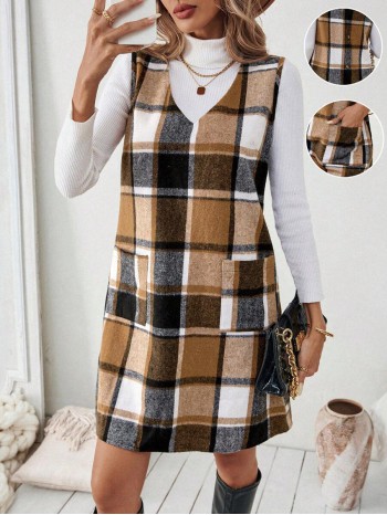  Essnce Autumn Winter Casual Plaid Knee Length Sleeveless Dress With Back Buttoned Detail