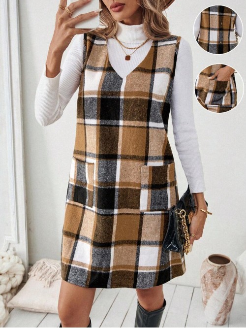  Essnce Autumn Winter Casual Plaid Knee Length Sleeveless Dress With Back Buttoned Detail