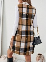  Essnce Autumn Winter Casual Plaid Knee Length Sleeveless Dress With Back Buttoned Detail