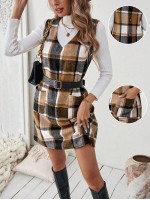  Essnce Autumn Winter Casual Plaid Knee Length Sleeveless Dress With Back Buttoned Detail