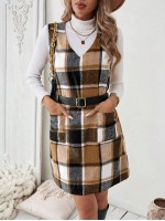  Essnce Autumn Winter Casual Plaid Knee Length Sleeveless Dress With Back Buttoned Detail