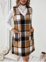  Essnce Autumn Winter Casual Plaid Knee Length Sleeveless Dress With Back Buttoned Detail