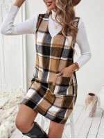  Essnce Autumn Winter Casual Plaid Knee Length Sleeveless Dress With Back Buttoned Detail