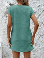  Summer Round Neck Drop Shoulder Pocketed Textured Jacquard Casual Holiday Dress