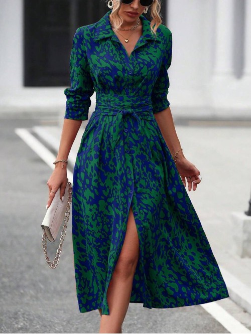  Spring Summer Elegant Random Printed Button Front Waist Tied Shirt Dress