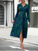  Spring Summer Elegant Random Printed Button Front Waist Tied Shirt Dress