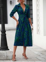  Spring Summer Elegant Random Printed Button Front Waist Tied Shirt Dress