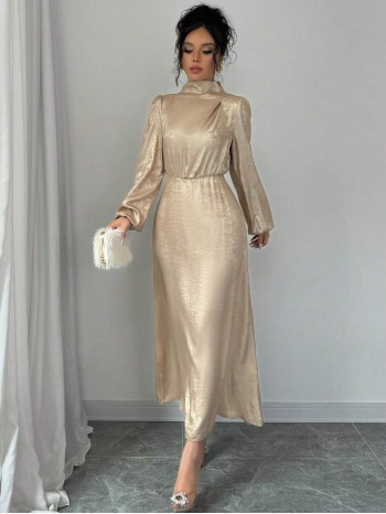  Women s Stand Collar Embroidered Metallic Pleated Elegant Dress