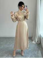  Women s Stand Collar Embroidered Metallic Pleated Elegant Dress