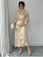  Women s Stand Collar Embroidered Metallic Pleated Elegant Dress