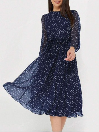 Polka Dot Print Lantern Sleeve Belted Dress