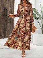  Women s Bohemian Style Printed Long Sleeve V Neck Dress