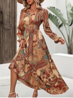  Women s Bohemian Style Printed Long Sleeve V Neck Dress