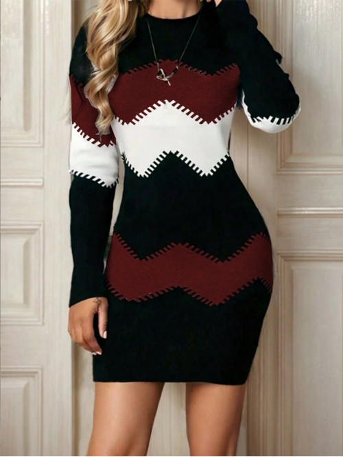  Contrast Color Printed Casual Long Sleeve Dress