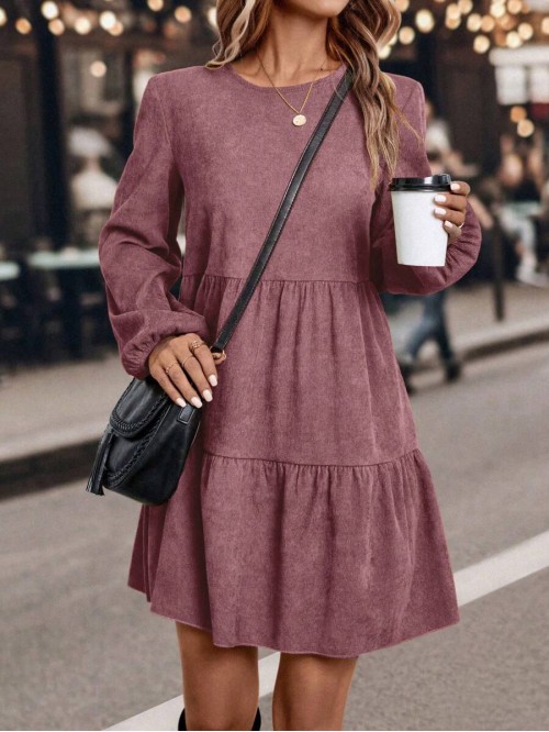  Solid Color Round Neck Long Sleeve Letter Print Casual Mini Dress