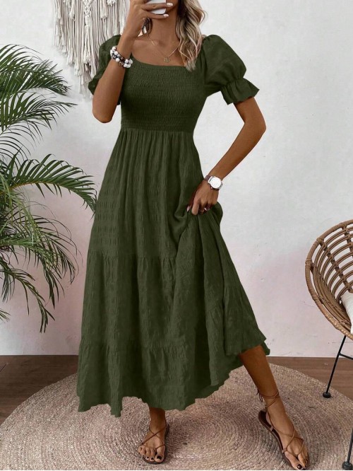  Women s Solid Color Simple Casual Puff Sleeve Dress