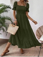  Women s Solid Color Simple Casual Puff Sleeve Dress