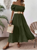  Women s Solid Color Simple Casual Puff Sleeve Dress