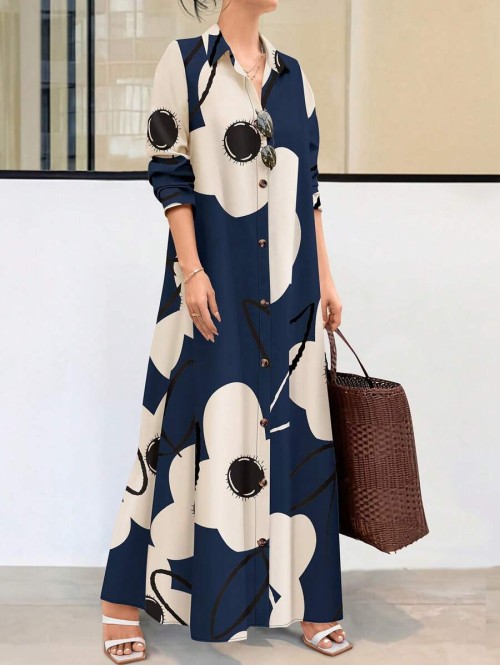  Women Long Sleeve Button Front Printed Mid Length Casual Dress Random Print