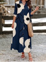  Women Long Sleeve Button Front Printed Mid Length Casual Dress Random Print