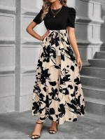  Women s Summer Apricot AB Colorblock Floral Printed Dress