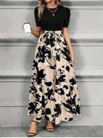  Women s Summer Apricot AB Colorblock Floral Printed Dress