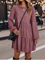  Solid Color Round Neck Long Sleeve Letter Print Casual Mini Dress