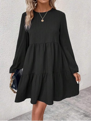  Solid Color Fall Black Round Neck Long Sleeve Simple Ruched Short Casual Dress