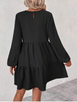  Solid Color Fall Black Round Neck Long Sleeve Simple Ruched Short Casual Dress