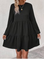  Solid Color Fall Black Round Neck Long Sleeve Simple Ruched Short Casual Dress