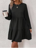  Solid Color Fall Black Round Neck Long Sleeve Simple Ruched Short Casual Dress