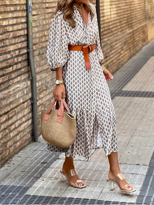  Women V Neck Printed Lantern Sleeve Casual Daily Match Dress