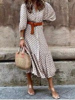  Women V Neck Printed Lantern Sleeve Casual Daily Match Dress