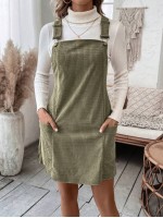  Plaid Print Pocket Patched Overall Dress Without Sweater