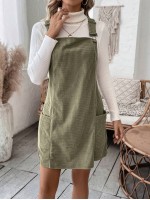  Plaid Print Pocket Patched Overall Dress Without Sweater