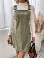  Plaid Print Pocket Patched Overall Dress Without Sweater