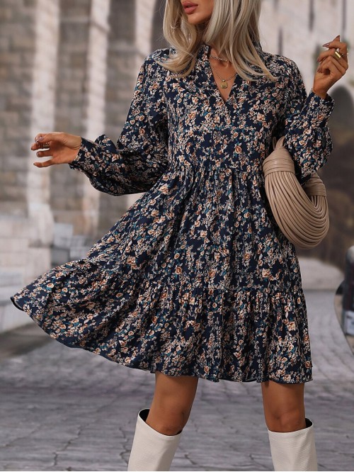  Allover Floral Print Bishop Sleeve Ruffle Hem Dress