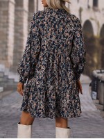  Allover Floral Print Bishop Sleeve Ruffle Hem Dress