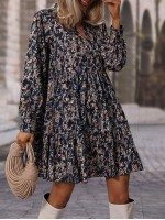  Allover Floral Print Bishop Sleeve Ruffle Hem Dress