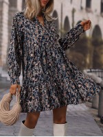  Allover Floral Print Bishop Sleeve Ruffle Hem Dress