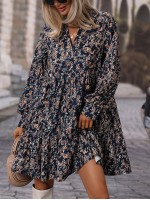  Allover Floral Print Bishop Sleeve Ruffle Hem Dress