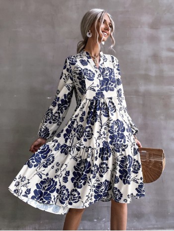  Floral Print Lantern Sleeve Dress Without Belt