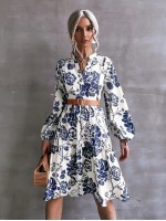  Floral Print Lantern Sleeve Dress Without Belt