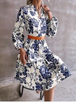  Floral Print Lantern Sleeve Dress Without Belt