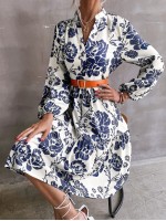  Floral Print Lantern Sleeve Dress Without Belt