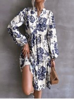  Floral Print Lantern Sleeve Dress Without Belt