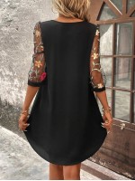  Floral Embroidery Mesh Sleeve Keyhole Neck Dress