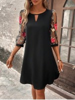  Floral Embroidery Mesh Sleeve Keyhole Neck Dress